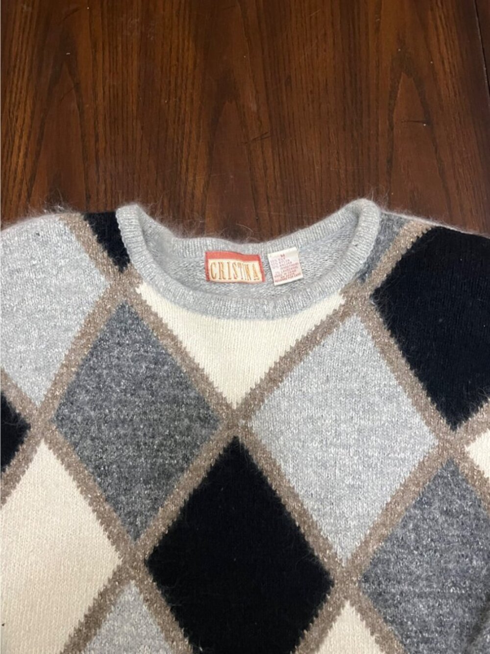 Vintage Crewneck Argyle Sweater Silk Angora Wool Black Gray 80s 90s Fuz Soft Med - Picture 2 of 7